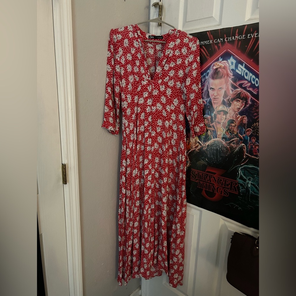 Zara Red Floral Long Sleeve Dress
